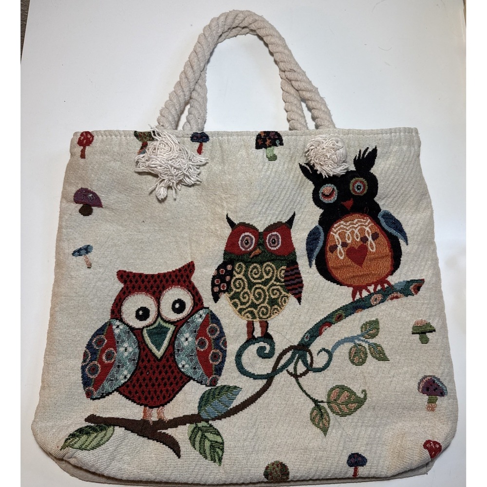 Embroidered Canvas Owl Tote‎ Bag With Mushrooms Zipper Purse 15"x16"